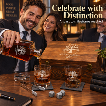 Finance Company Gifts – Slick Decanter Set with 2 Glasses, 9 Whiskey Stones & Wooden Box – image 05