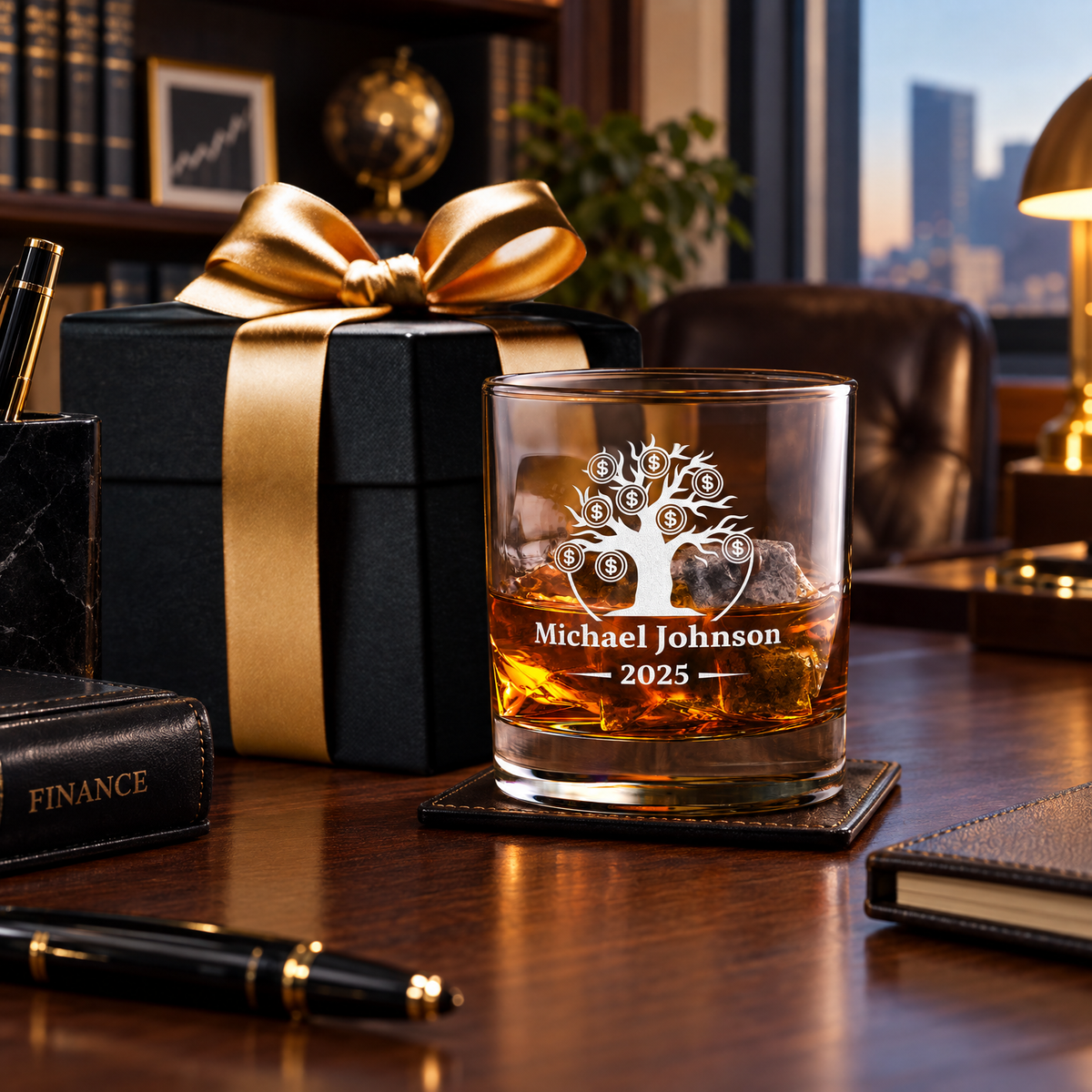 Finance Company Gifts – Slick Decanter Set with 2 Glasses, 9 Whiskey Stones & Wooden Box product image