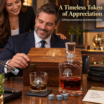 Finance Company Gifts – Slick Decanter Set with 2 Glasses, 9 Whiskey Stones & Wooden Box – image 07