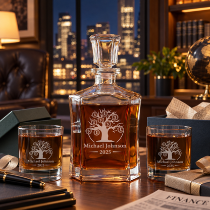 Finance Company Gifts – Slick Decanter Set with 2 Glasses, 9 Whiskey Stones & Wooden Box – image 10