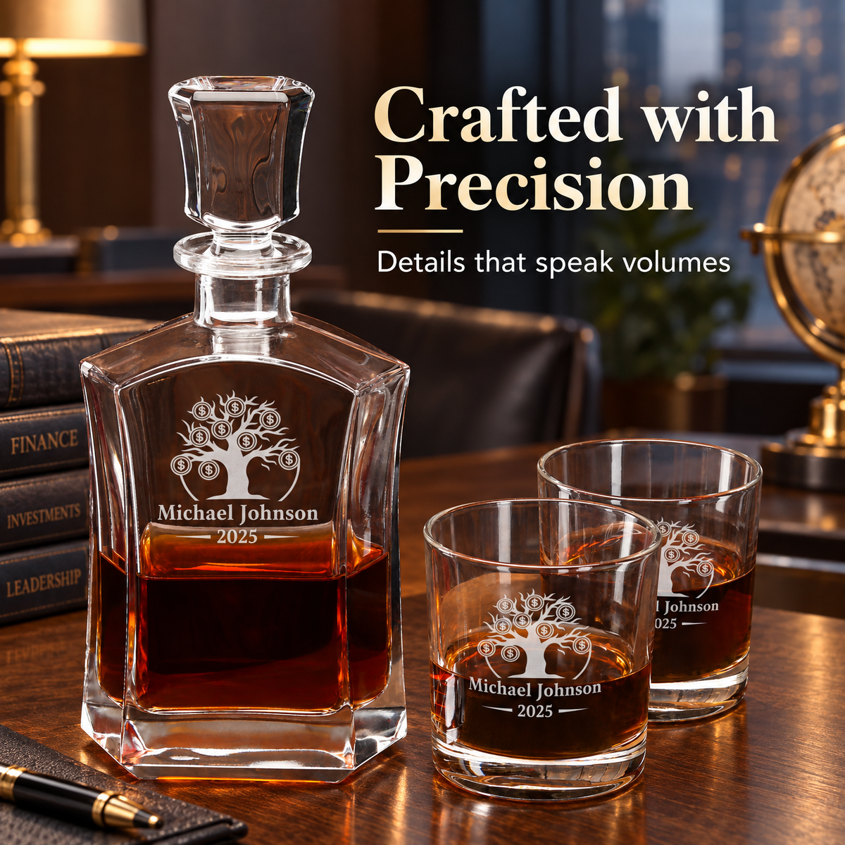 Finance Company Gifts – Slick Decanter Set with 2 Glasses, 9 Whiskey Stones & Wooden Box product image