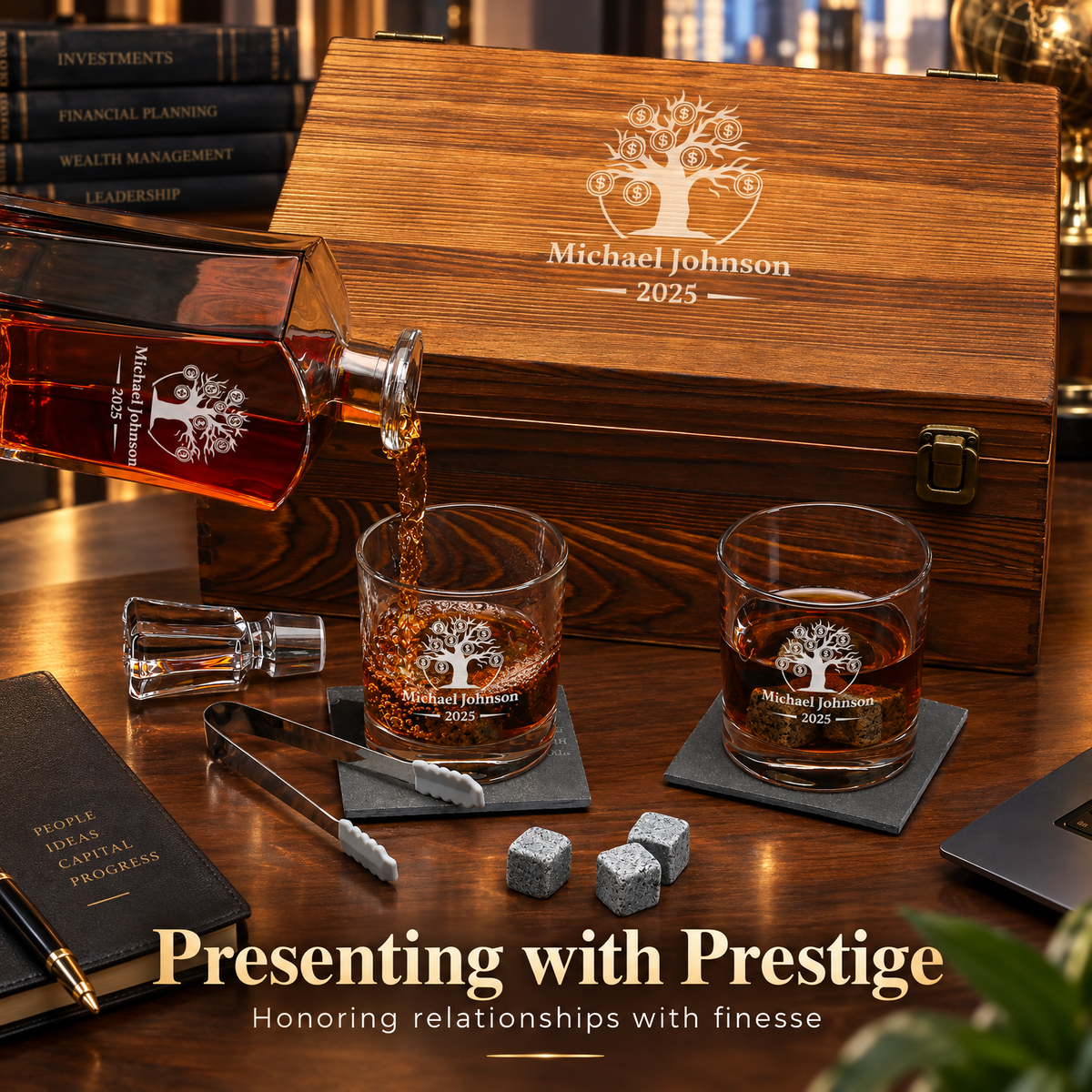 Finance Company Gifts – Slick Decanter Set with 2 Glasses, 9 Whiskey Stones & Wooden Box – image 14