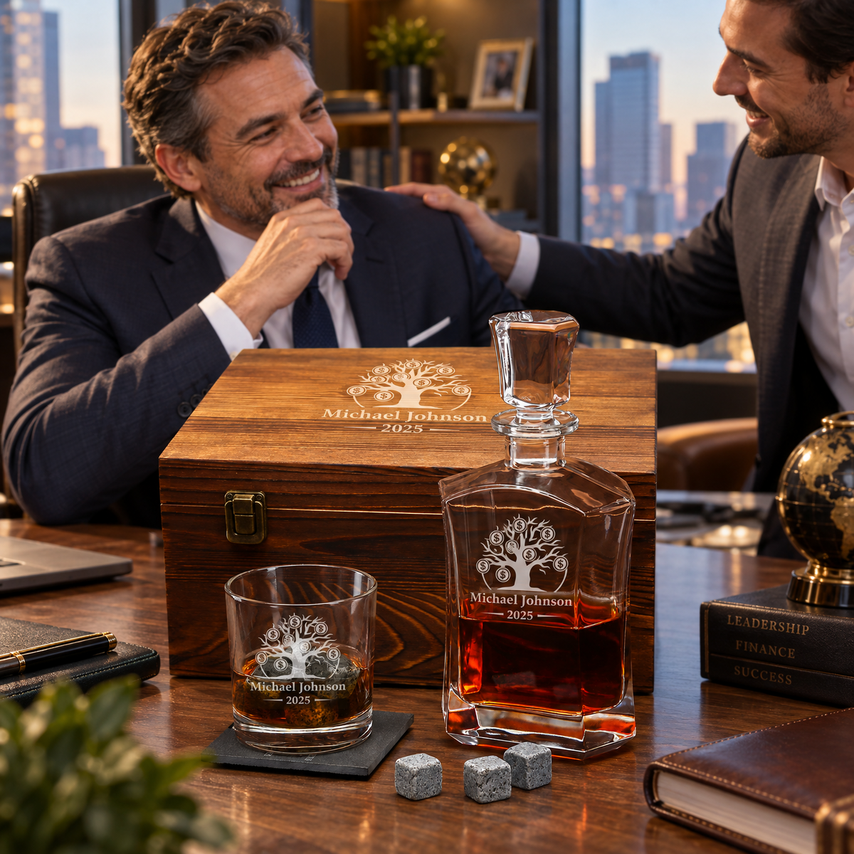 Finance Company Gifts – Slick Decanter Set with 2 Glasses, 9 Whiskey Stones & Wooden Box – image 15