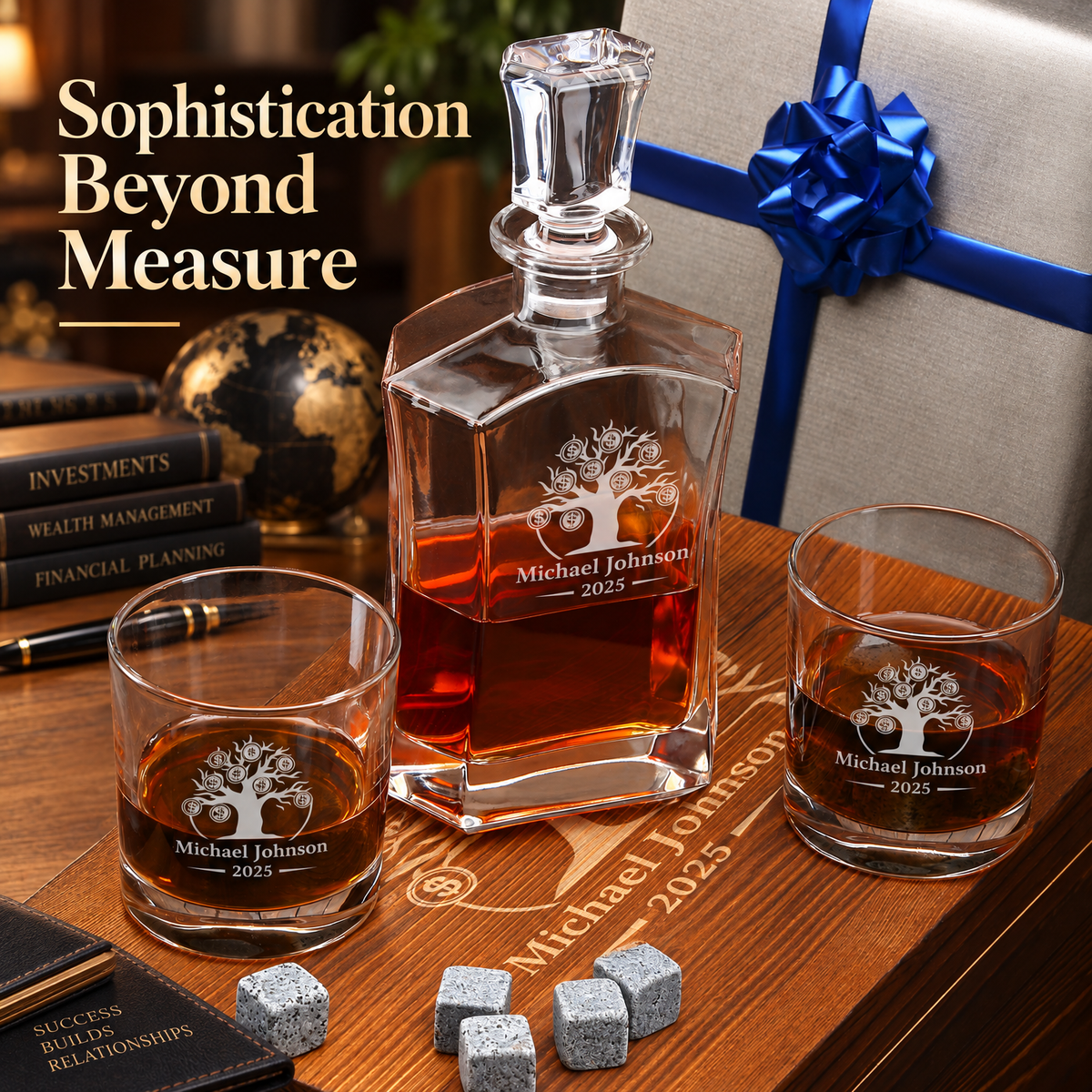 Finance Company Gifts – Slick Decanter Set with 2 Glasses, 9 Whiskey Stones & Wooden Box product image