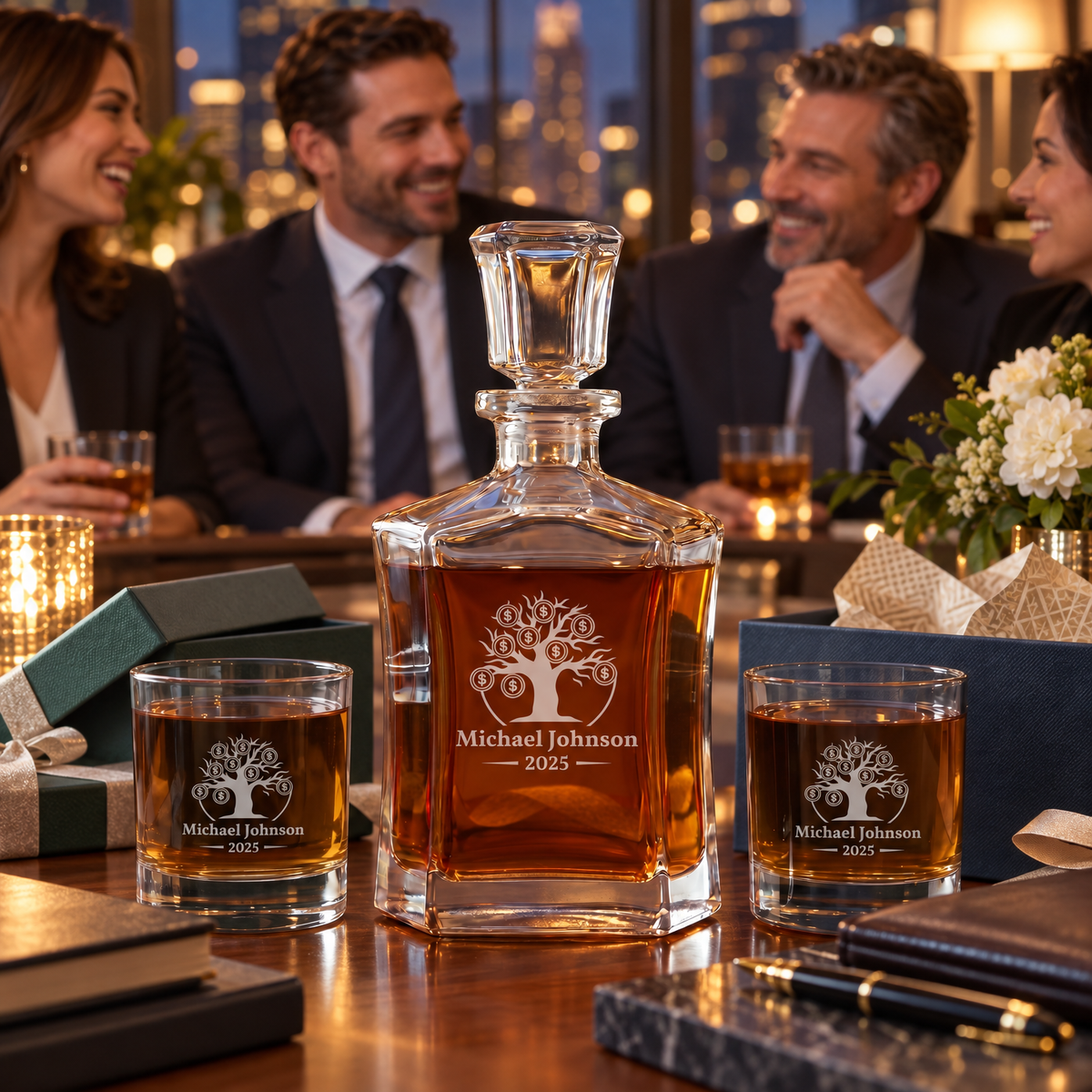 Finance Company Gifts – Slick Decanter Set with 2 Glasses, 9 Whiskey Stones & Wooden Box product image
