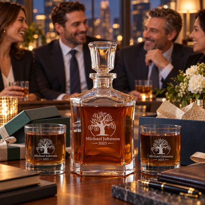 Finance Company Gifts – Slick Decanter Set with 2 Glasses, 9 Whiskey Stones & Wooden Box – image 17