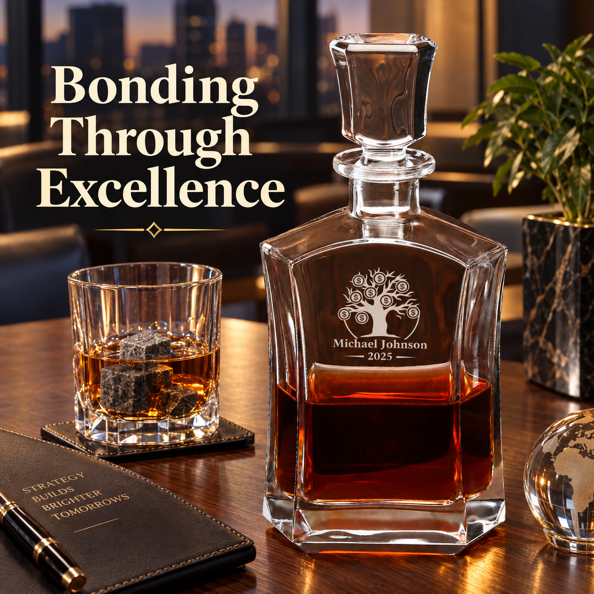 Finance Company Gifts – Slick Decanter Set with 2 Glasses, 9 Whiskey Stones & Wooden Box – image 18