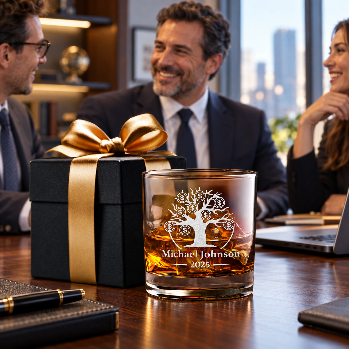 Finance Company Gifts – Slick Decanter Set with 2 Glasses, 9 Whiskey Stones & Wooden Box product image