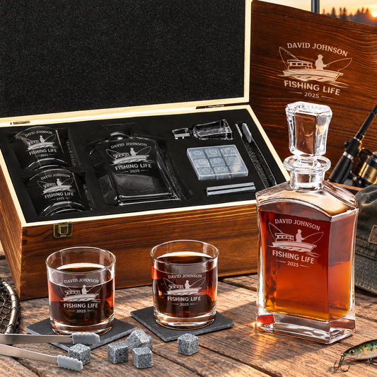 Gift for Fishermen – Slick Decanter Set with 2 Glasses, 9 Whiskey Stones & Wooden Box – image 01