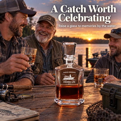 Gift for Fishermen – Slick Decanter Set with 2 Glasses, 9 Whiskey Stones & Wooden Box – image 03