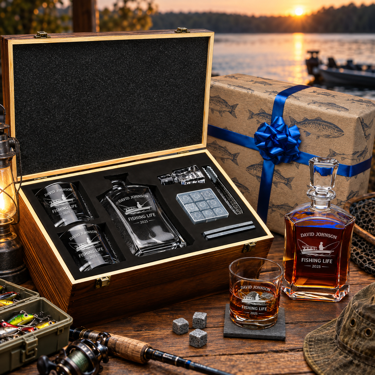 Gift for Fishermen – Slick Decanter Set with 2 Glasses, 9 Whiskey Stones & Wooden Box product image