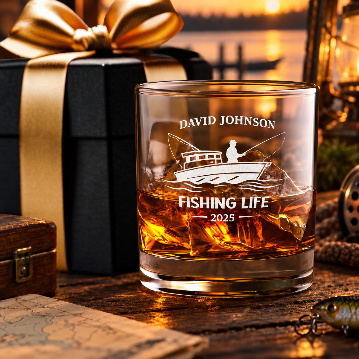 Gift for Fishermen – Slick Decanter Set with 2 Glasses, 9 Whiskey Stones & Wooden Box product image