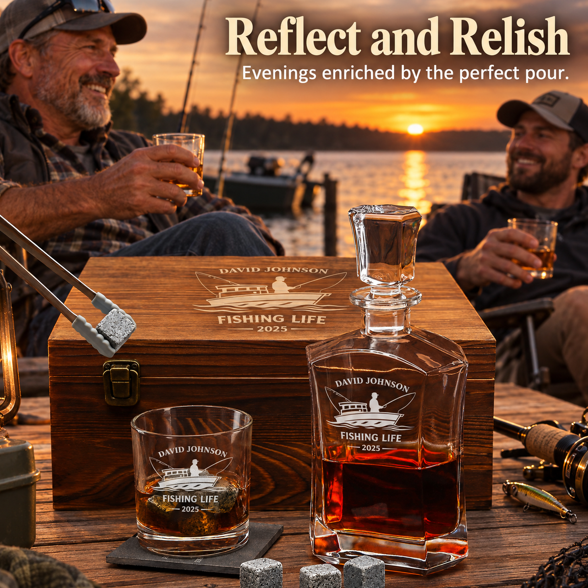 Gift for Fishermen – Slick Decanter Set with 2 Glasses, 9 Whiskey Stones & Wooden Box product image