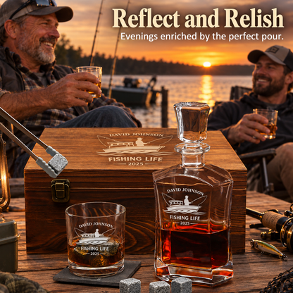 Gift for Fishermen – Slick Decanter Set with 2 Glasses, 9 Whiskey Stones & Wooden Box – image 07