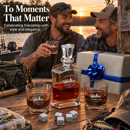 Gift for Fishermen – Slick Decanter Set with 2 Glasses, 9 Whiskey Stones & Wooden Box – image 09