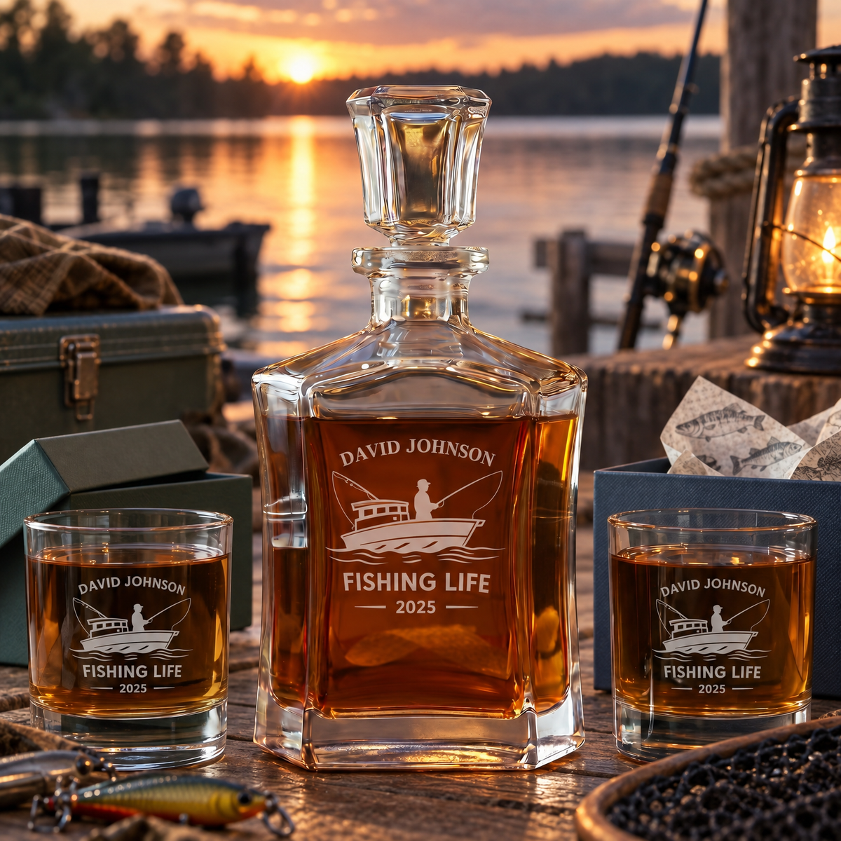 Gift for Fishermen – Slick Decanter Set with 2 Glasses, 9 Whiskey Stones & Wooden Box – image 10