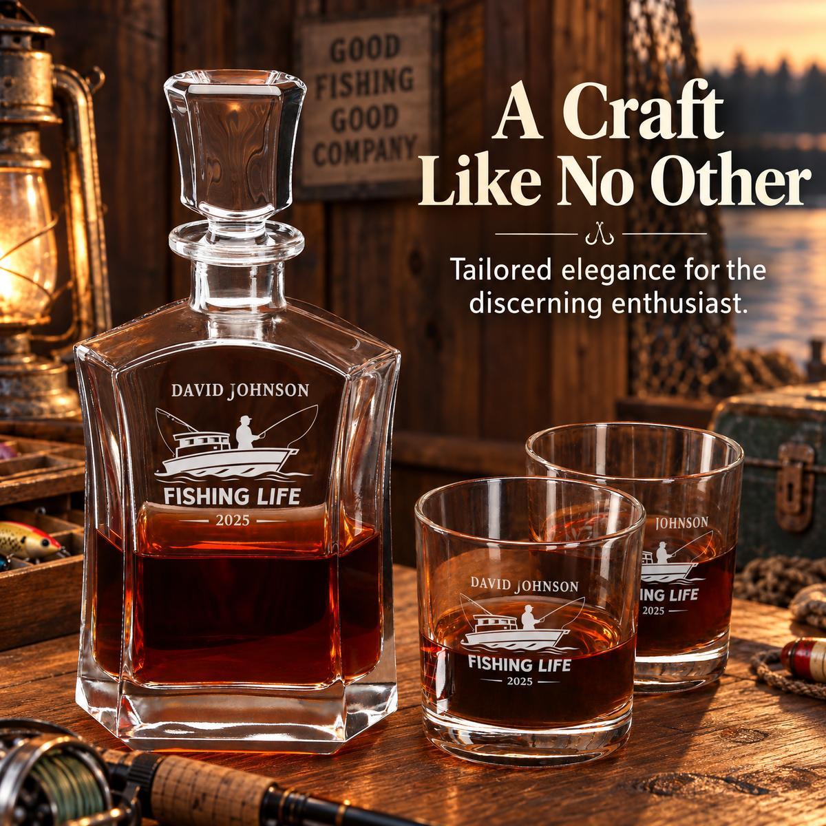 Gift for Fishermen – Slick Decanter Set with 2 Glasses, 9 Whiskey Stones & Wooden Box product image
