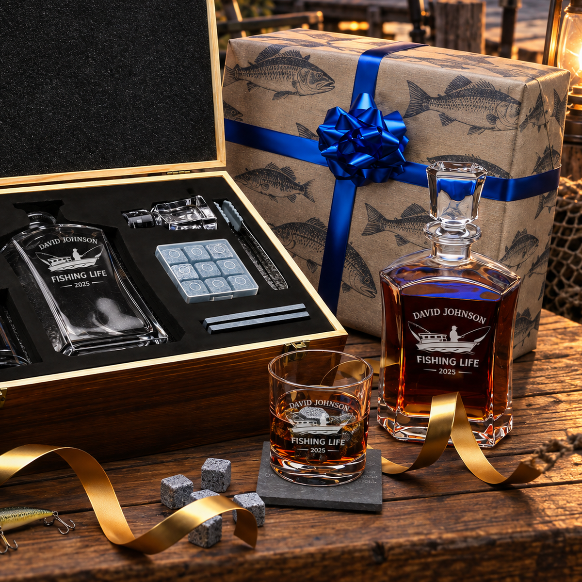 Gift for Fishermen – Slick Decanter Set with 2 Glasses, 9 Whiskey Stones & Wooden Box product image