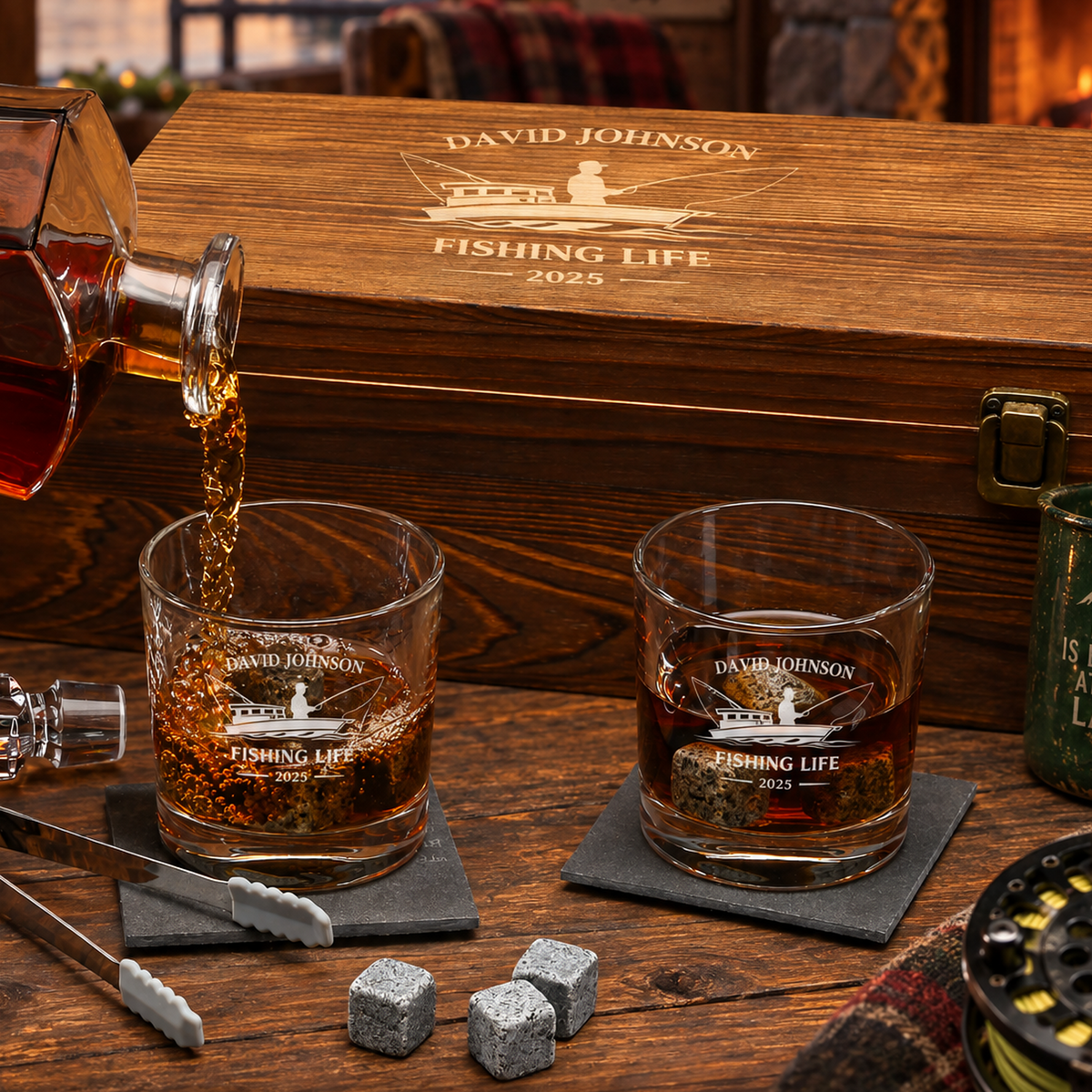 Gift for Fishermen – Slick Decanter Set with 2 Glasses, 9 Whiskey Stones & Wooden Box – image 14