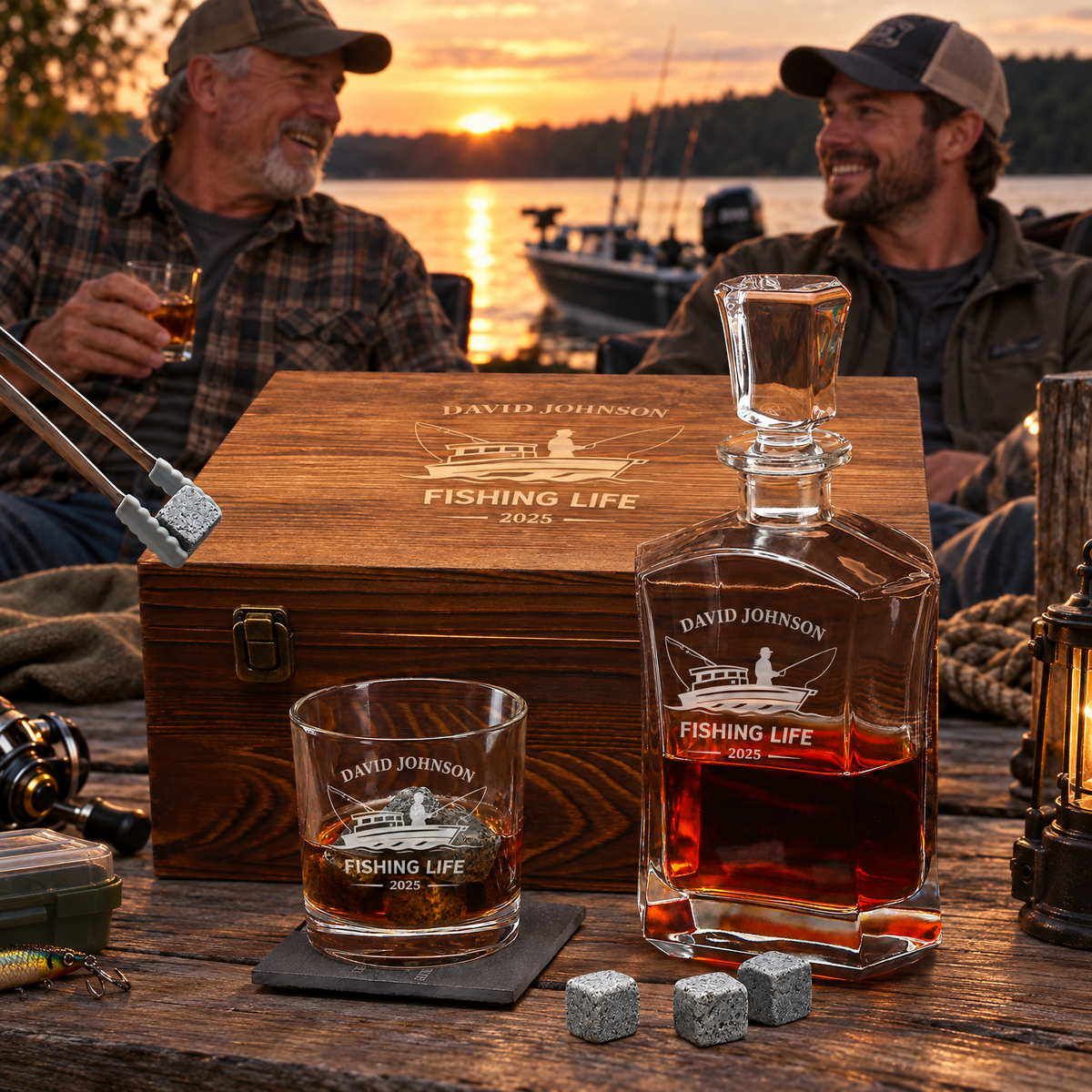 Gift for Fishermen – Slick Decanter Set with 2 Glasses, 9 Whiskey Stones & Wooden Box product image