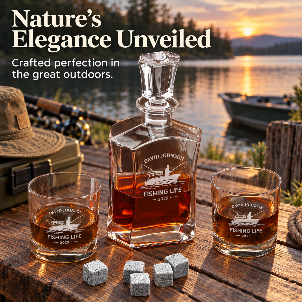 Gift for Fishermen – Slick Decanter Set with 2 Glasses, 9 Whiskey Stones & Wooden Box – image 16