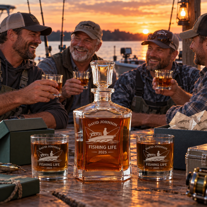 Gift for Fishermen – Slick Decanter Set with 2 Glasses, 9 Whiskey Stones & Wooden Box – image 17