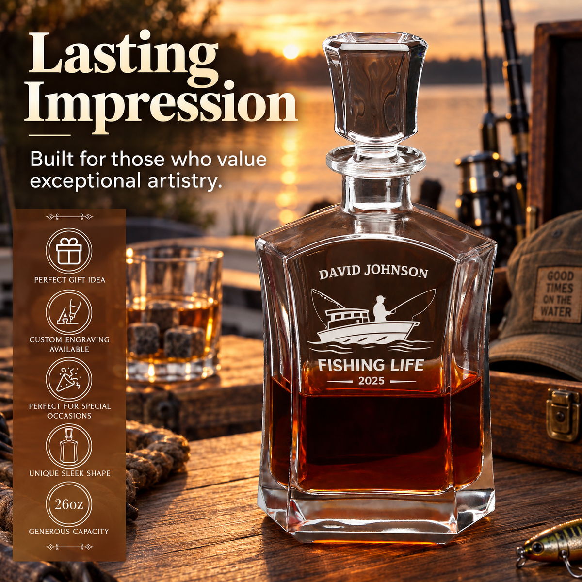 Gift for Fishermen – Slick Decanter Set with 2 Glasses, 9 Whiskey Stones & Wooden Box product image