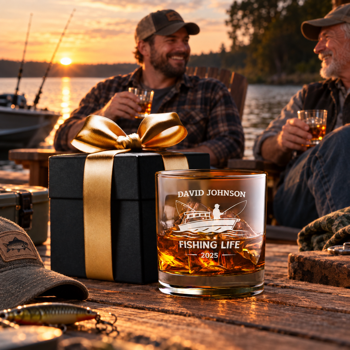 Gift for Fishermen – Slick Decanter Set with 2 Glasses, 9 Whiskey Stones & Wooden Box product image