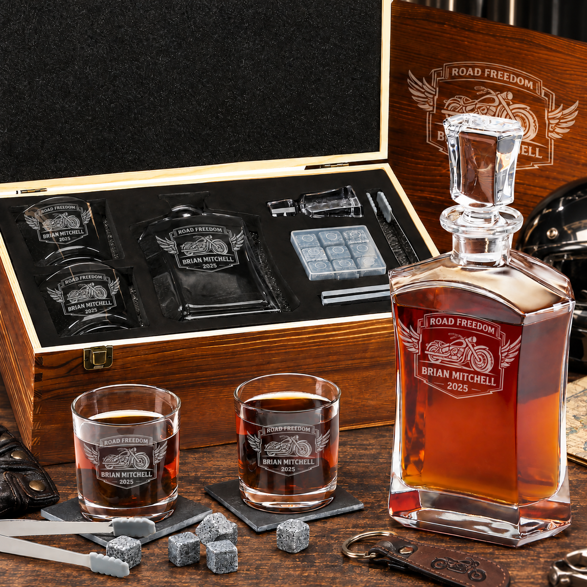 Gift for Car & Motorcycle Enthusiasts – Slick Decanter Set with 2 Glasses, 9 Whiskey Stones & Wooden Box product image
