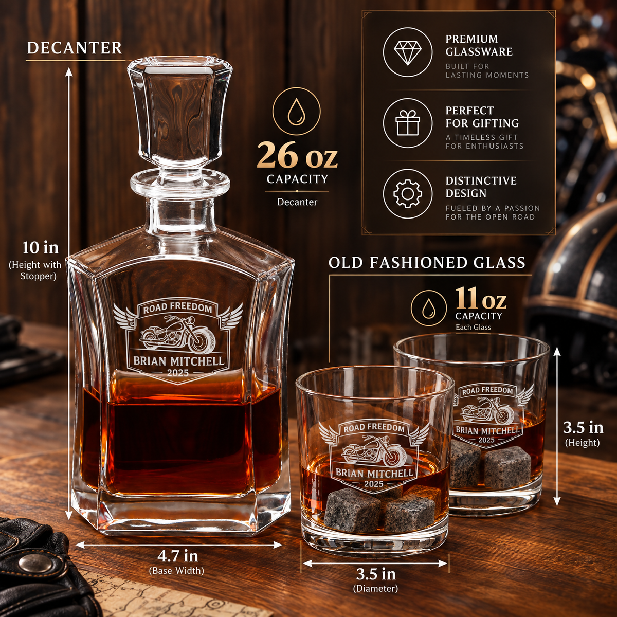 Gift for Car & Motorcycle Enthusiasts – Slick Decanter Set with 2 Glasses, 9 Whiskey Stones & Wooden Box product image