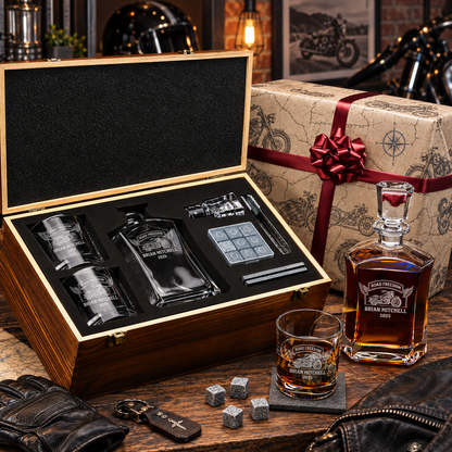 Gift for Car & Motorcycle Enthusiasts – Slick Decanter Set with 2 Glasses, 9 Whiskey Stones & Wooden Box – image 04