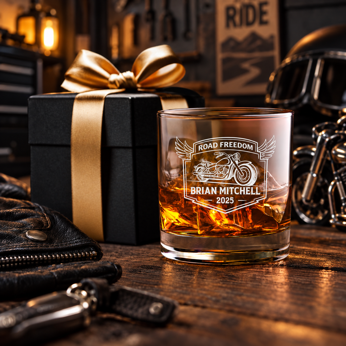 Gift for Car & Motorcycle Enthusiasts – Slick Decanter Set with 2 Glasses, 9 Whiskey Stones & Wooden Box product image