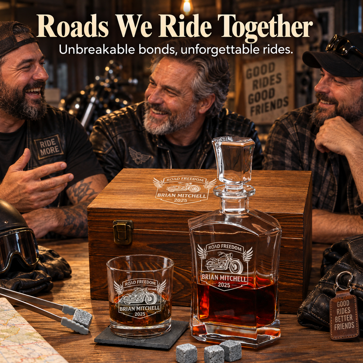 Gift for Car & Motorcycle Enthusiasts – Slick Decanter Set with 2 Glasses, 9 Whiskey Stones & Wooden Box product image