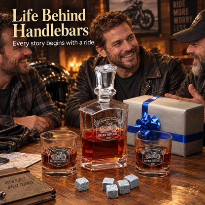 Gift for Car & Motorcycle Enthusiasts – Slick Decanter Set with 2 Glasses, 9 Whiskey Stones & Wooden Box – image 09
