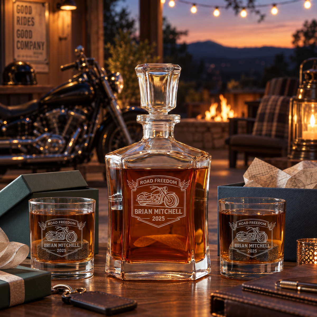 Gift for Car & Motorcycle Enthusiasts – Slick Decanter Set with 2 Glasses, 9 Whiskey Stones & Wooden Box product image