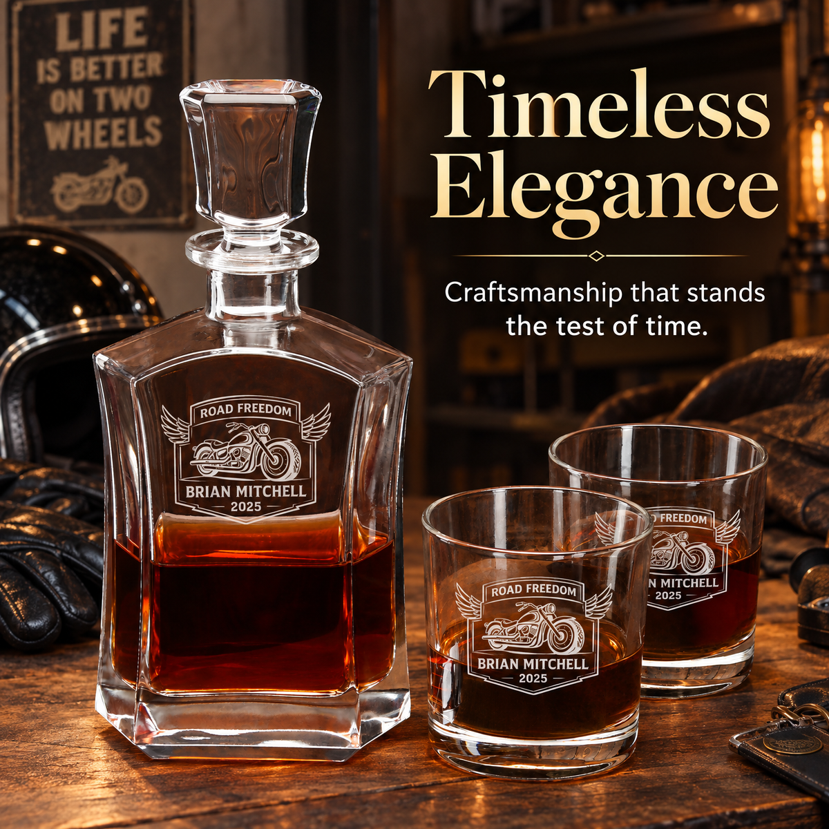 Gift for Car & Motorcycle Enthusiasts – Slick Decanter Set with 2 Glasses, 9 Whiskey Stones & Wooden Box – image 12
