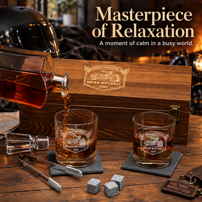 Gift for Car & Motorcycle Enthusiasts – Slick Decanter Set with 2 Glasses, 9 Whiskey Stones & Wooden Box – image 14