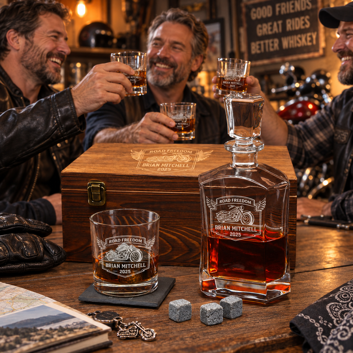 Gift for Car & Motorcycle Enthusiasts – Slick Decanter Set with 2 Glasses, 9 Whiskey Stones & Wooden Box – image 15