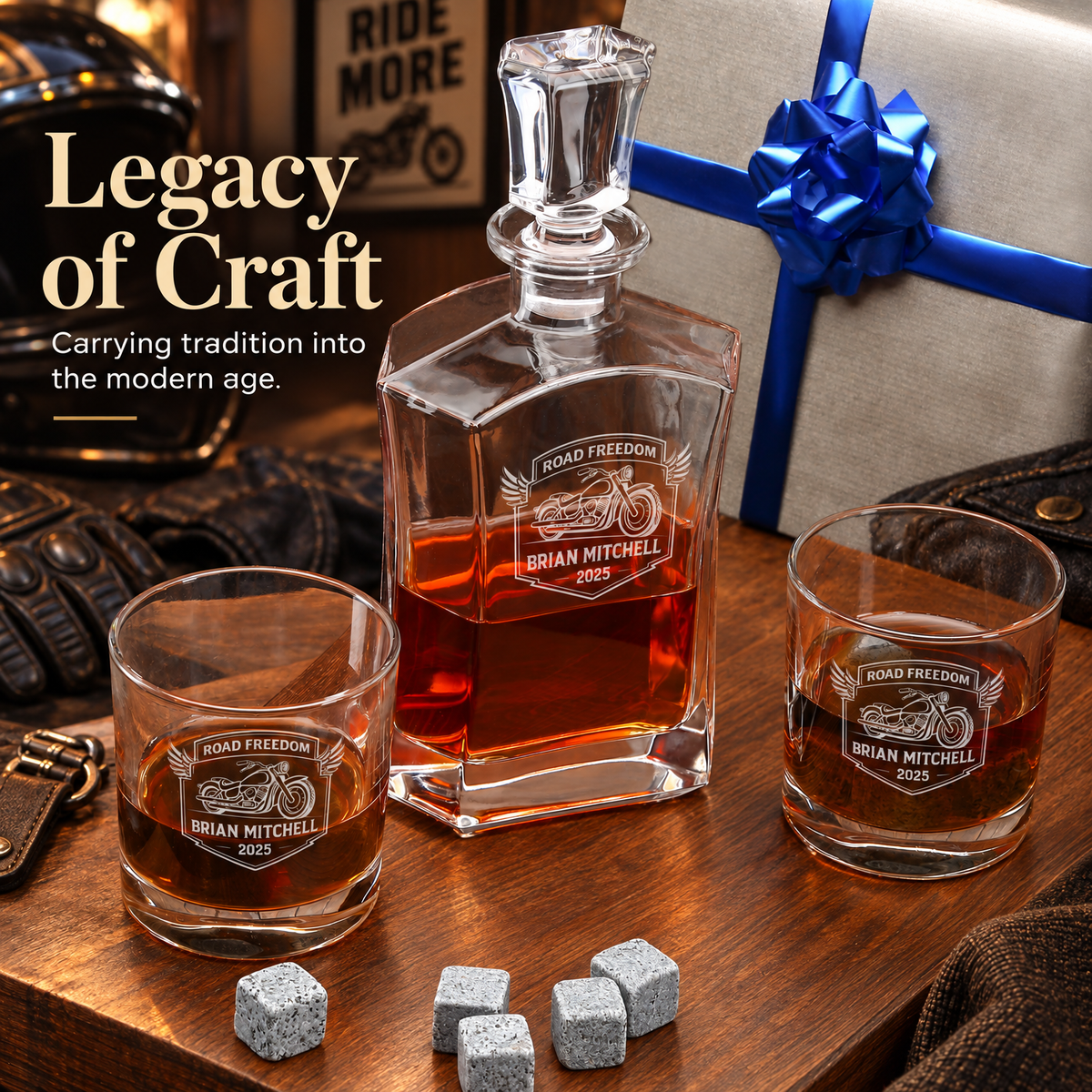 Gift for Car & Motorcycle Enthusiasts – Slick Decanter Set with 2 Glasses, 9 Whiskey Stones & Wooden Box product image