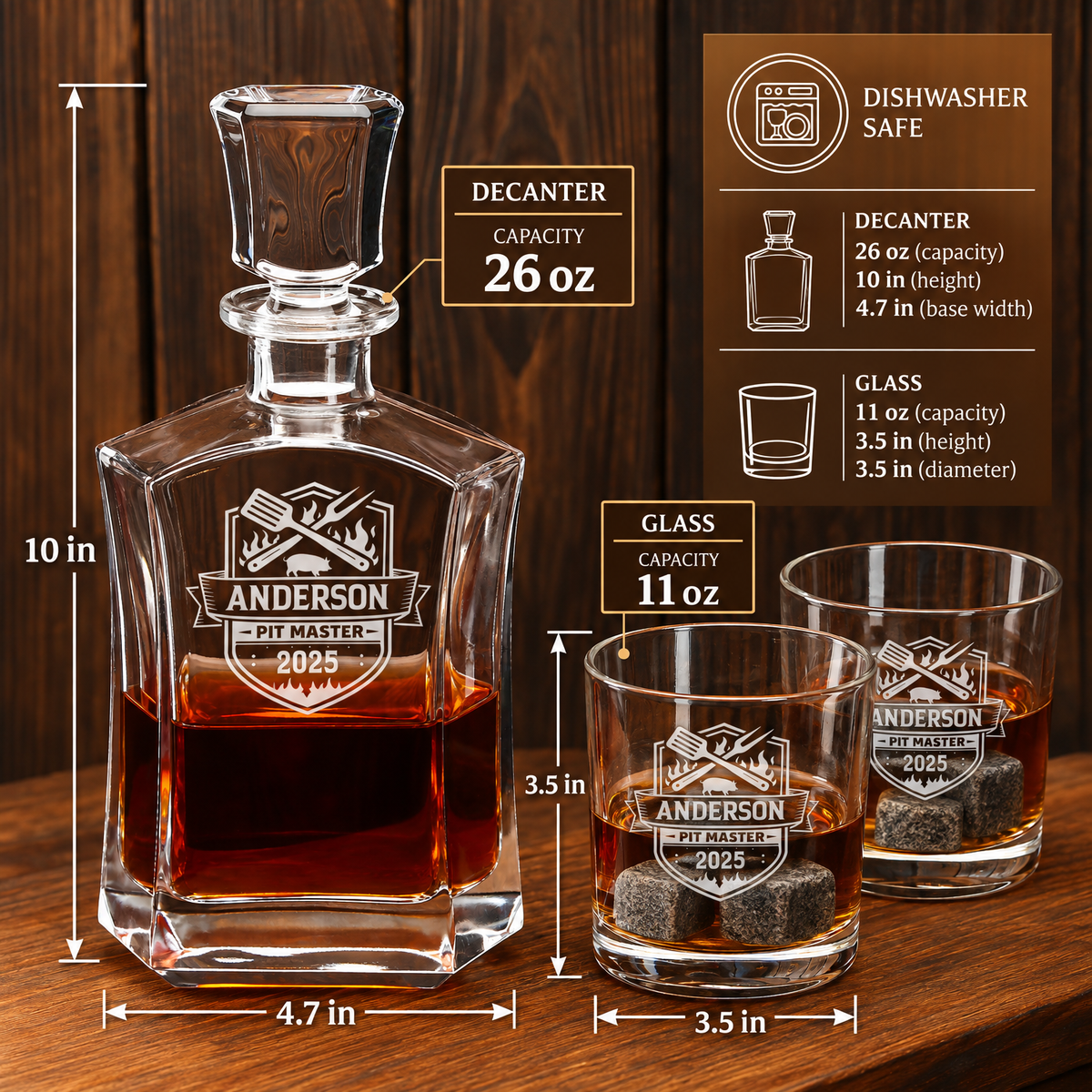 Gift for Grillmasters – Slick Decanter Set with 2 Glasses, 9 Whiskey Stones & Wooden Box – image 02