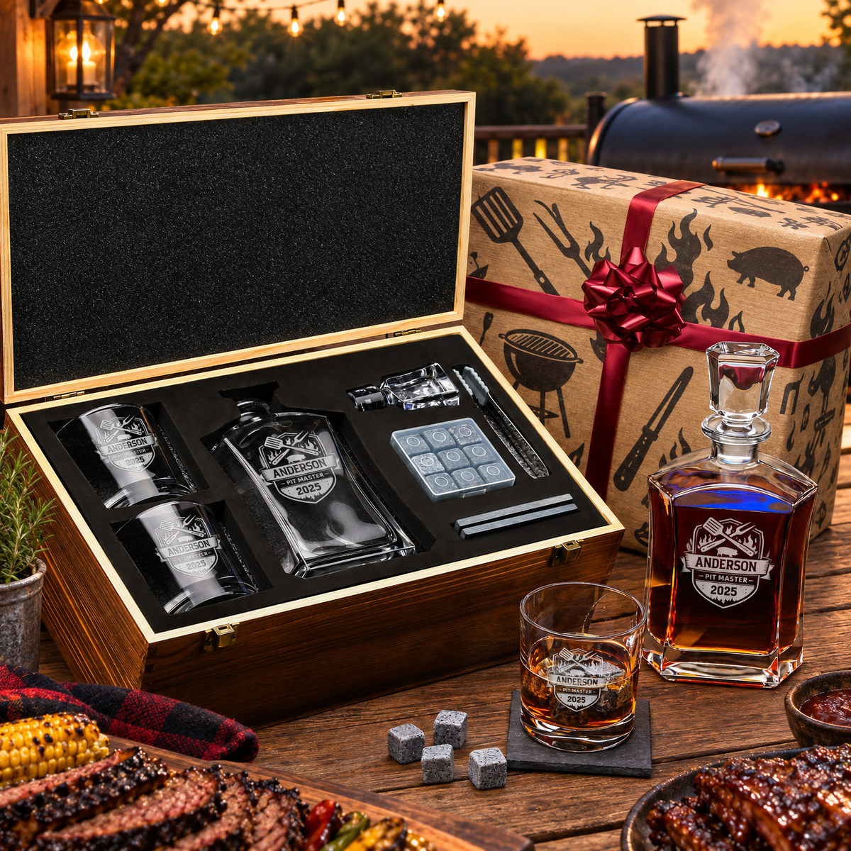 Gift for Grillmasters – Slick Decanter Set with 2 Glasses, 9 Whiskey Stones & Wooden Box – image 04