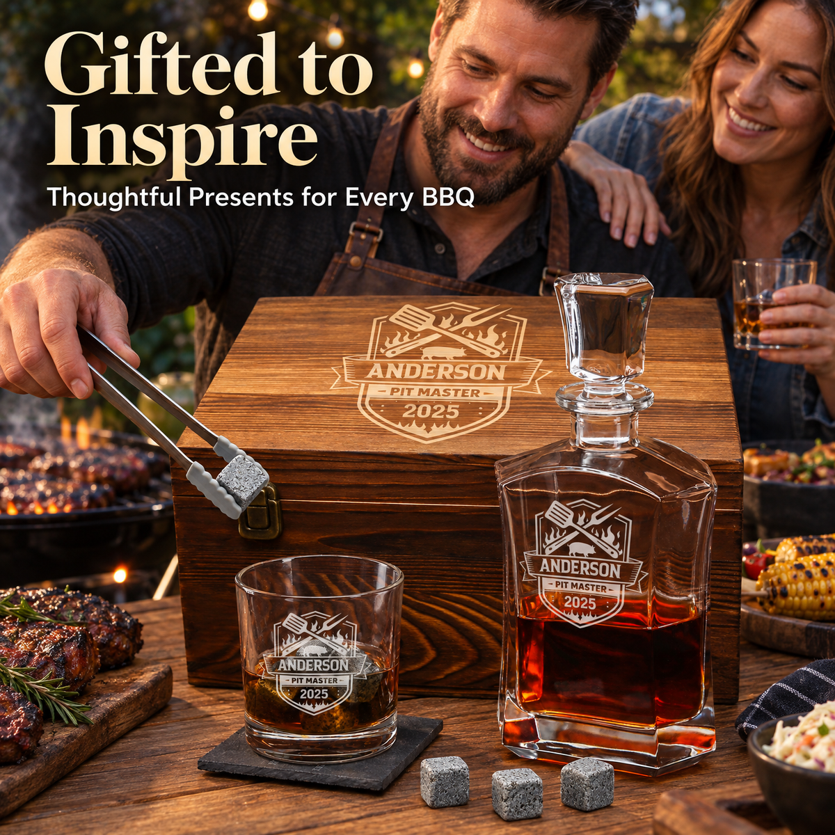 Gift for Grillmasters – Slick Decanter Set with 2 Glasses, 9 Whiskey Stones & Wooden Box – image 07