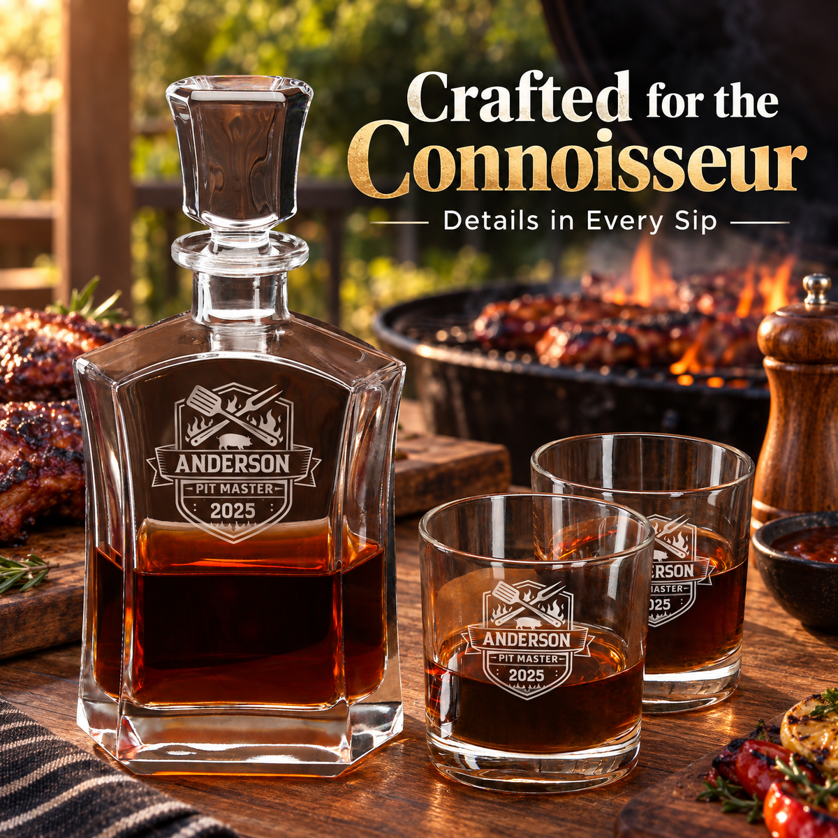 Gift for Grillmasters – Slick Decanter Set with 2 Glasses, 9 Whiskey Stones & Wooden Box – image 12