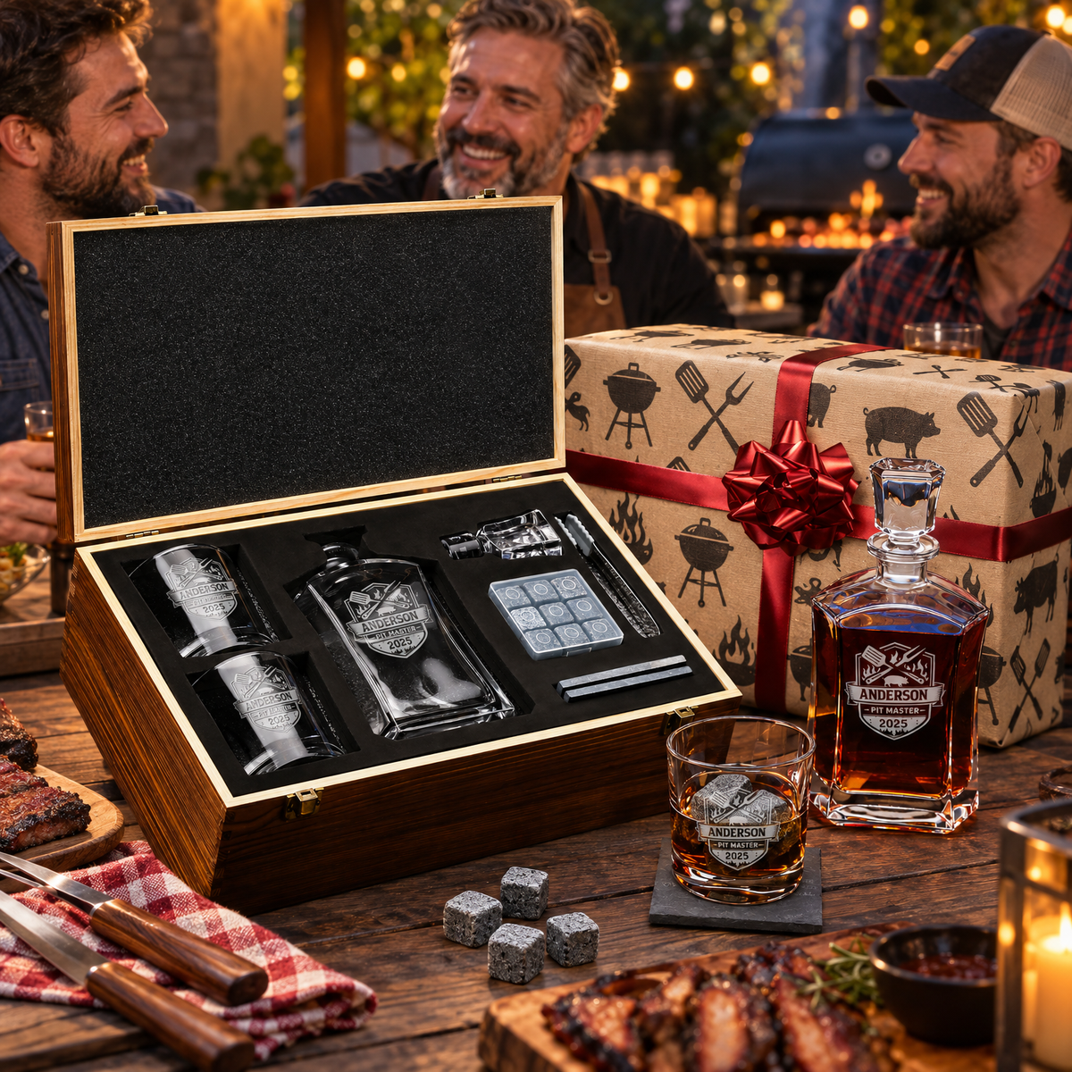 Gift for Grillmasters – Slick Decanter Set with 2 Glasses, 9 Whiskey Stones & Wooden Box product image