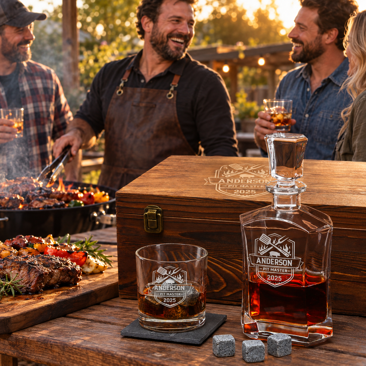 Gift for Grillmasters – Slick Decanter Set with 2 Glasses, 9 Whiskey Stones & Wooden Box – image 15