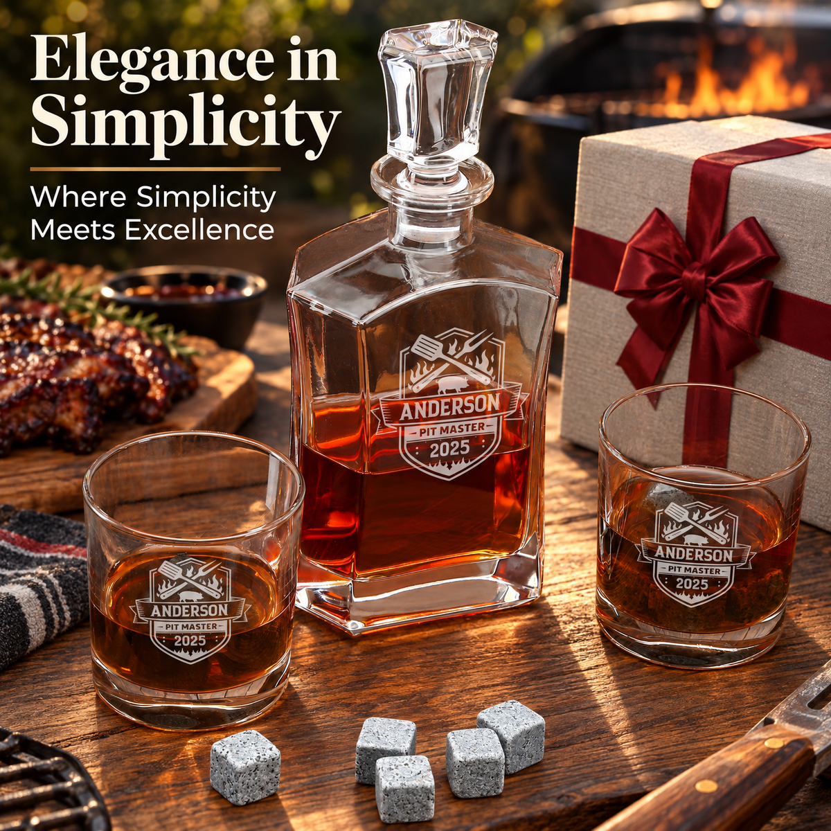 Gift for Grillmasters – Slick Decanter Set with 2 Glasses, 9 Whiskey Stones & Wooden Box product image