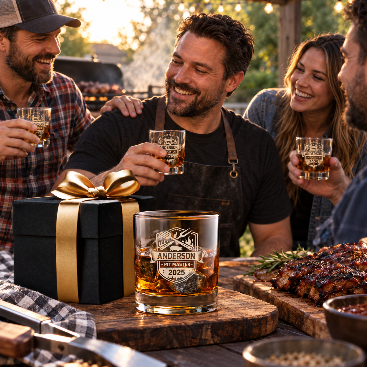 Gift for Grillmasters – Slick Decanter Set with 2 Glasses, 9 Whiskey Stones & Wooden Box product image