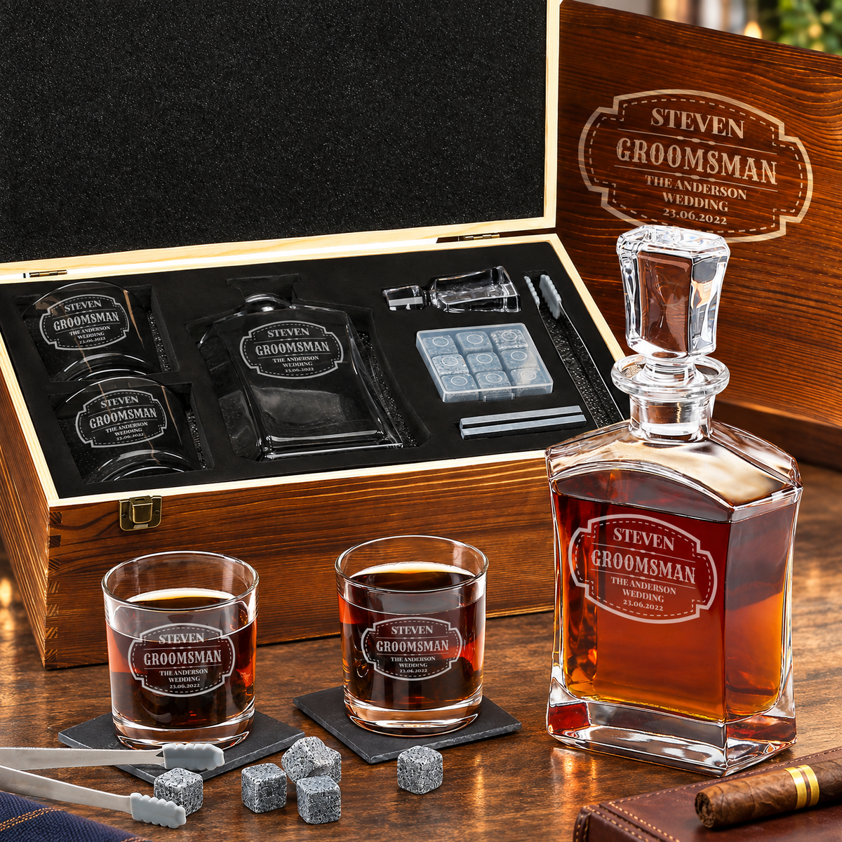 Groomsman Gift – Slick Decanter Set with 2 Glasses, 9 Whiskey Stones & Wooden Box product image