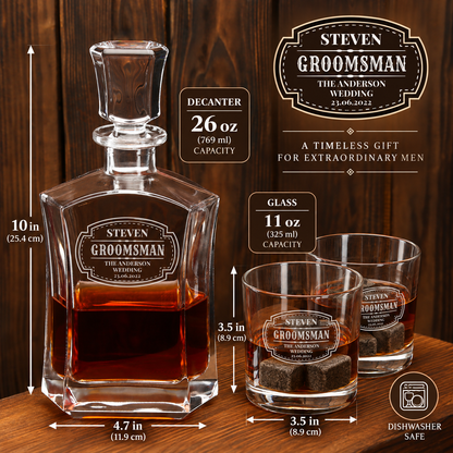 Groomsman Gift – Slick Decanter Set with 2 Glasses, 9 Whiskey Stones & Wooden Box – image 02