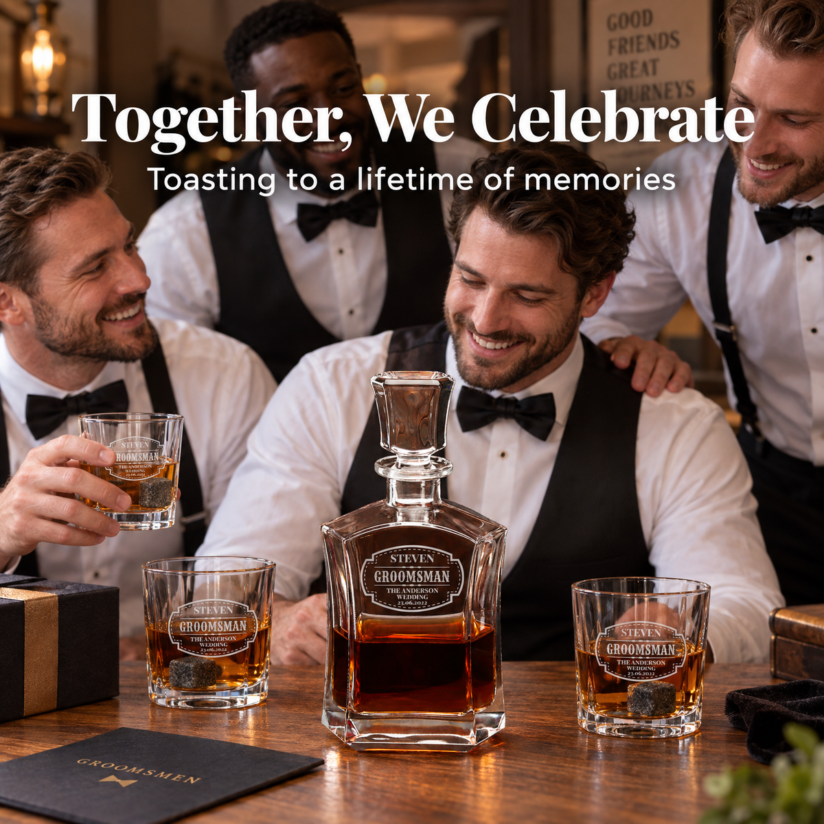 Groomsman Gift – Slick Decanter Set with 2 Glasses, 9 Whiskey Stones & Wooden Box – image 03